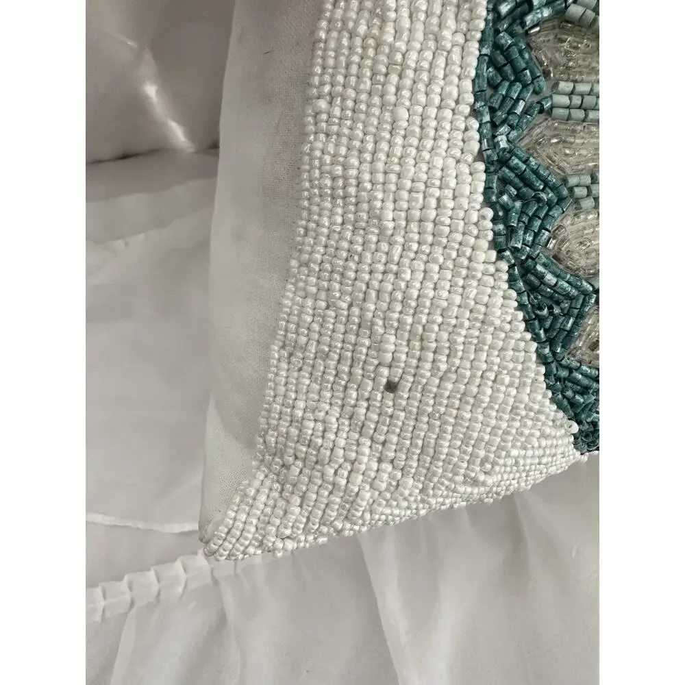 White GLASS  Beaded Accent Pillow Blue Shell Coastal Beach Teal Blue Square 12”